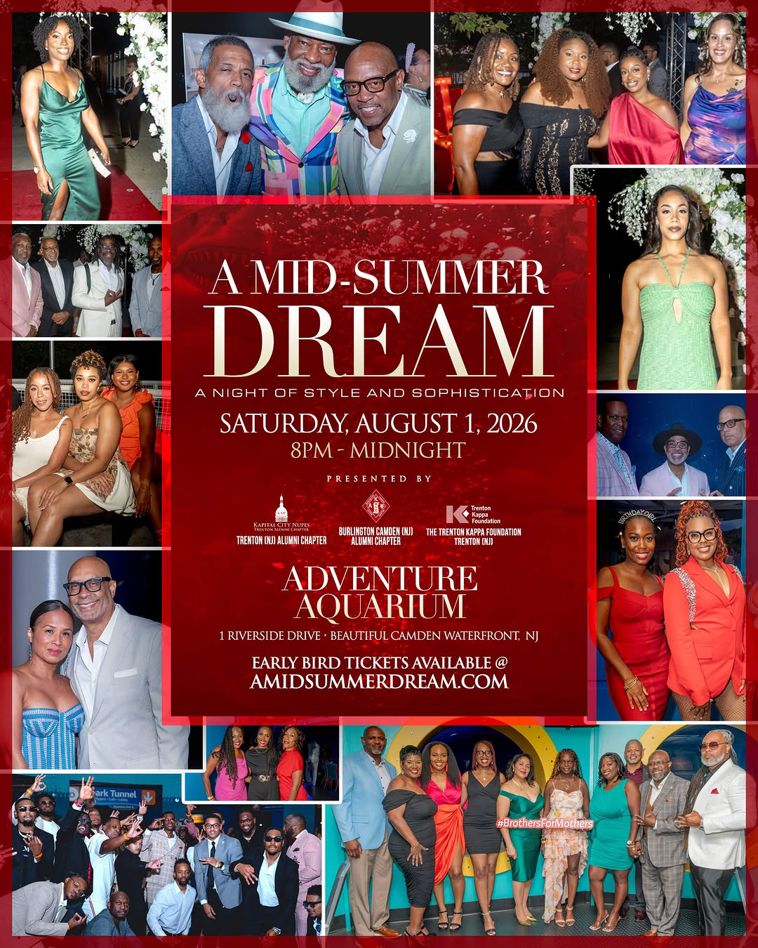 Promotional flyer for A Mid-Summer Dream gala at Adventure Aquarium on the Camden waterfront, framed by photographs of guests in formal attire.
