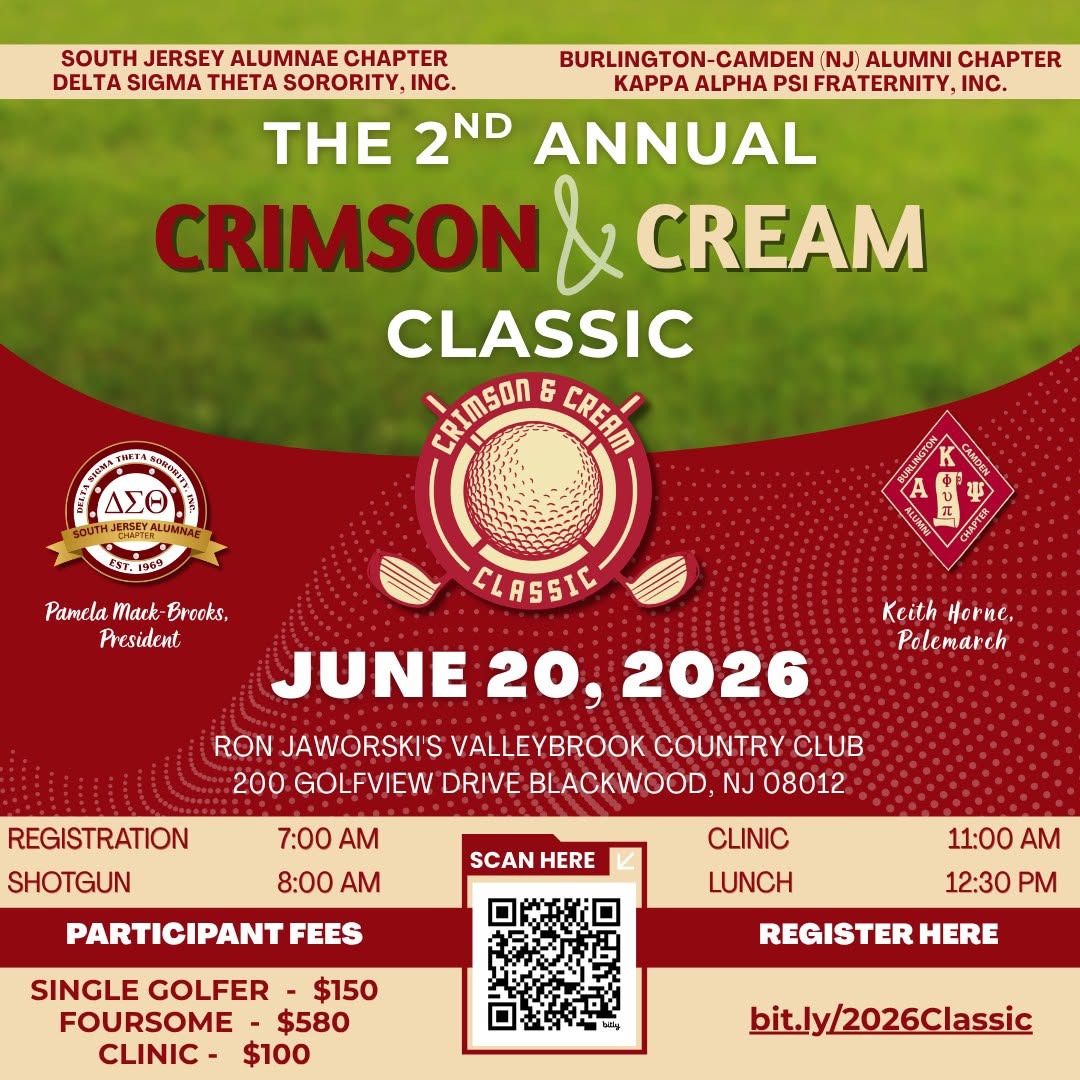 Promotional flyer for the 2nd Annual Crimson & Cream Classic golf event hosted by Burlington-Camden Alumni Chapter and South Jersey Alumnae Chapter.